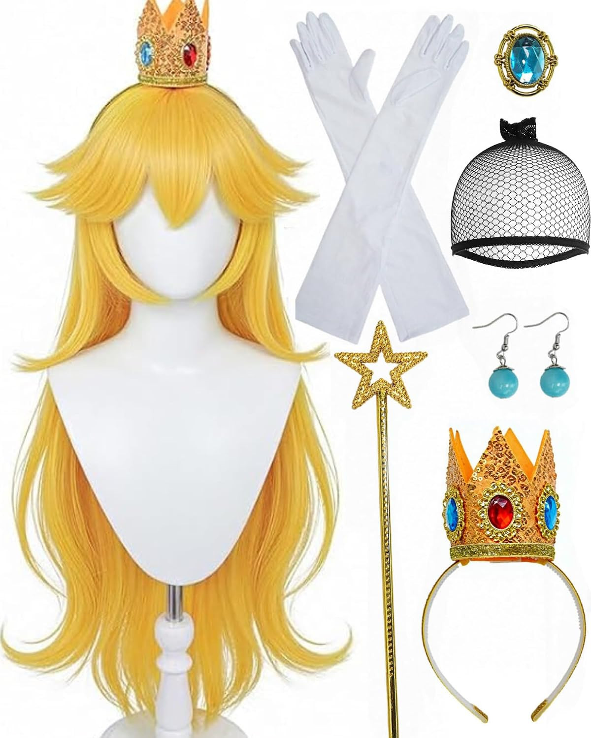 Anogol Hair Cap+ (8 Pcs Set) Princess Wig For Women Golden Long Wavy Wig Peach Cosplay Wig Anime Synthetic Wig For Halloween Party Costume Wig (1 Crown+ 1 Wand+ 2 Earrings+ 2 Gloves+ 1 Brooch) | Amazon (US)