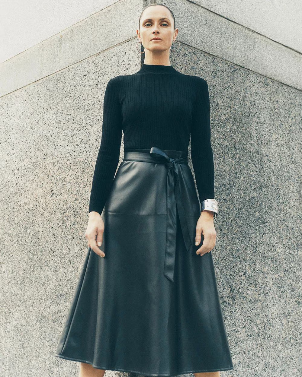 3/4 Sleeve Faux Leather Dress | White House Black Market