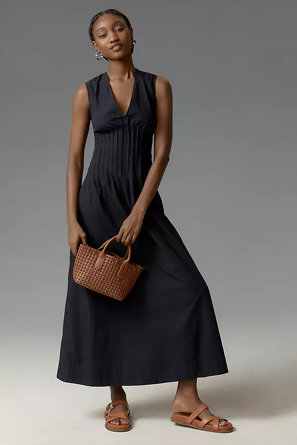 Maeve Sleeveless V-Neck Pleated Midi Dress | Anthropologie (US)