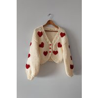 Handmade Heart Cardigan, Cream Knit Sweater, Valentine Chunky Red Embroidered Cozy Knitwear | Etsy (US)