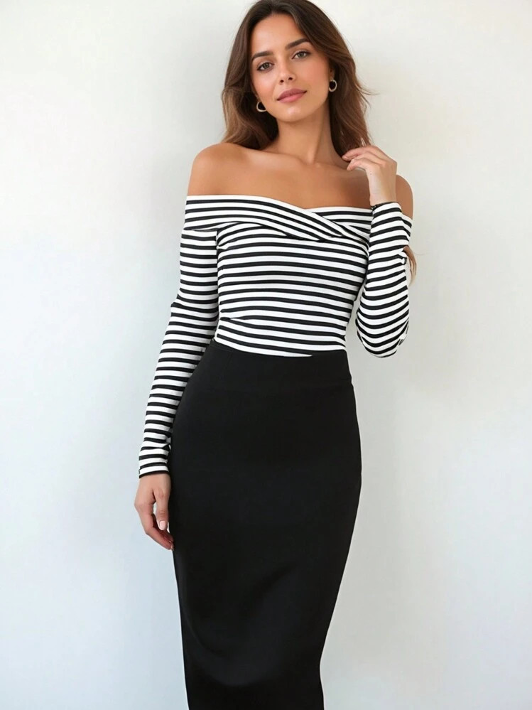 Firerie Striped Print Off Shoulder Tee | SHEIN