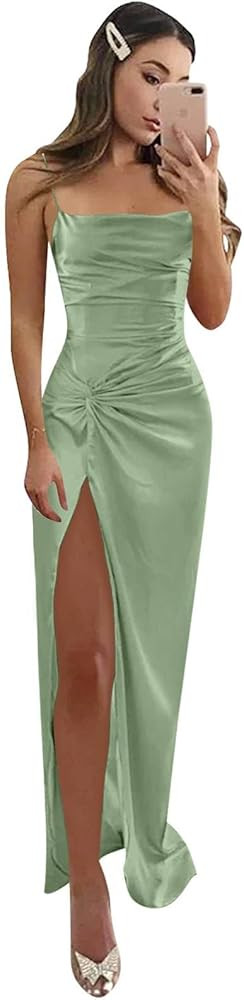 Women's Spaghetti Straps Silk Satin Prom Dresses with Slit Ruched Mermaid Long Formal Bridesmaid ... | Amazon (US)