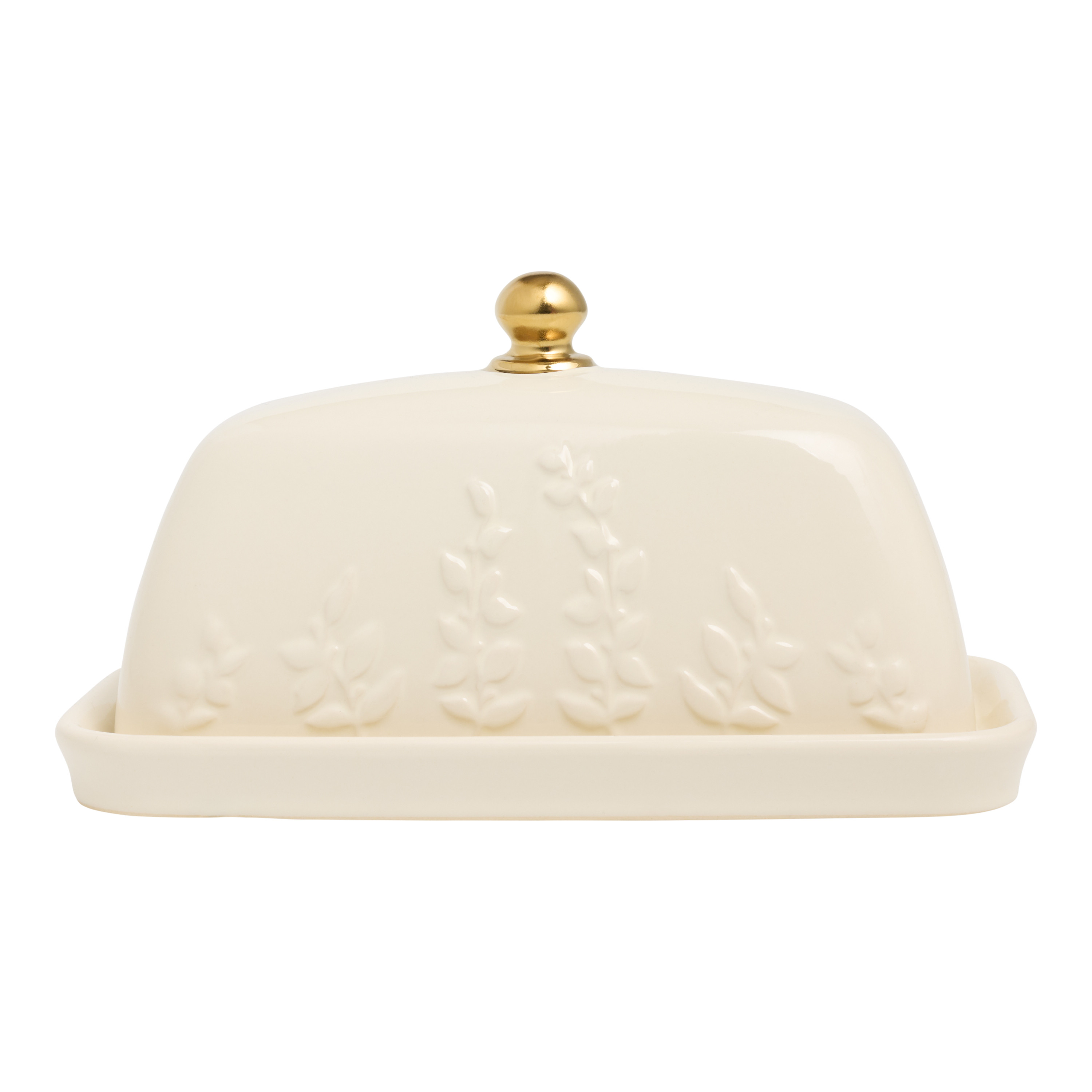 Off White and Gold Ceramic Embossed Botanical Butter Dish | World Market