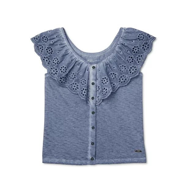 Justice Girls Button Front Eyelet Flounce Top, Sizes 5-18 & Plus | Walmart (US)