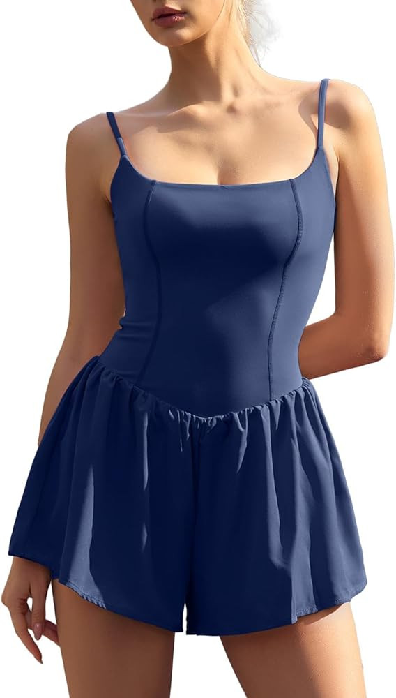 QINSEN Sleeveless Square Neck Romper Jumpsuit for Women Spaghetti Straps Casual Summer Outfits | Amazon (US)