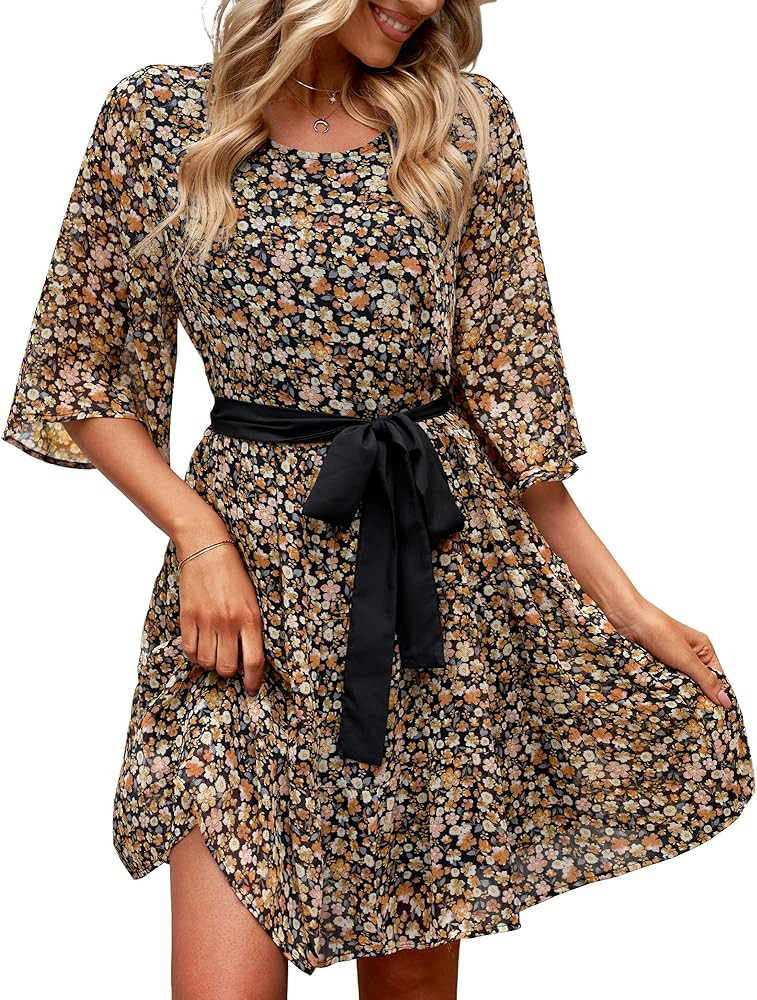 LookbookStore Floral Babydoll Dress for Women Chiffon Cute Flowy Summer Beach Short Dresses with ... | Amazon (US)