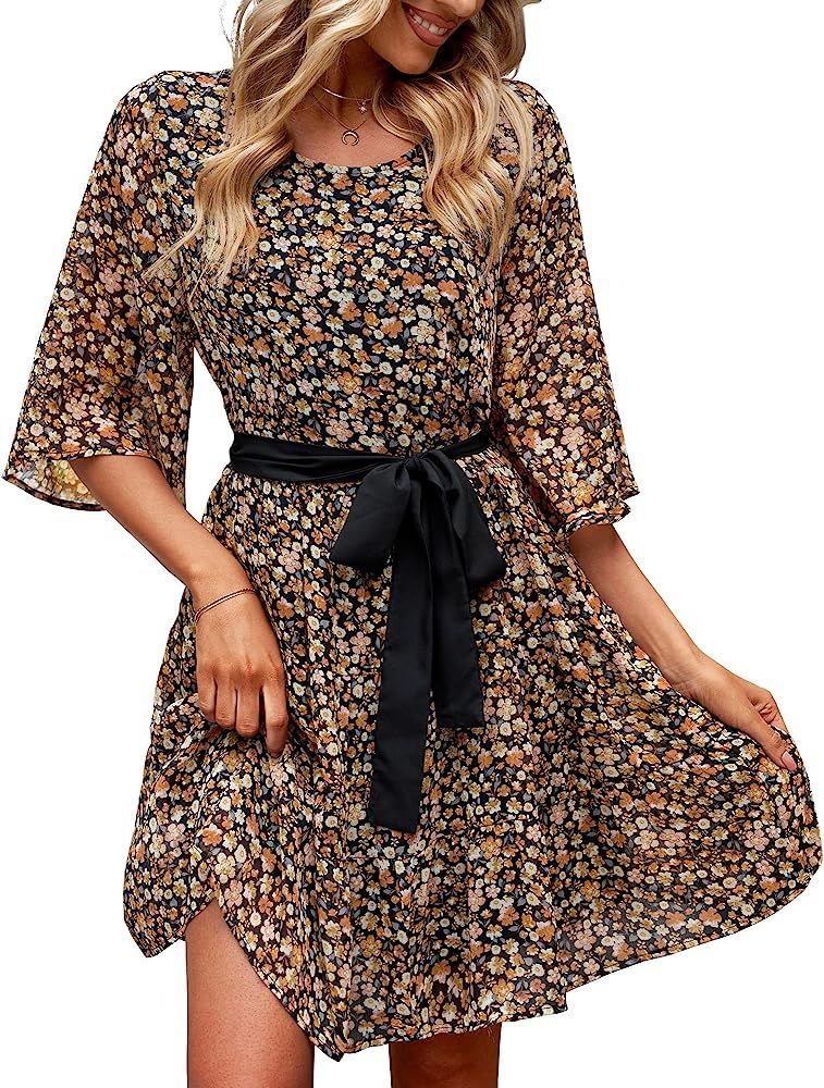 LookbookStore Floral Babydoll Dress for Women Chiffon Cute Flowy Summer Beach Short Dresses with ... | Amazon (US)