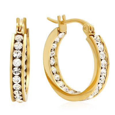 Steeltime Ladies stainless steel hoop earrings adorned with crystals | Target