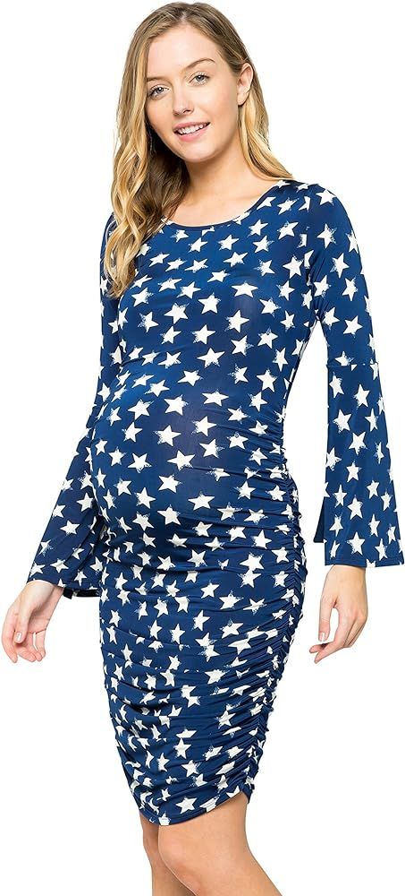 My Bump Women's Maternity Dress - Printed Fitted Stretch Bell Sleeve W/Ruched | Amazon (US)