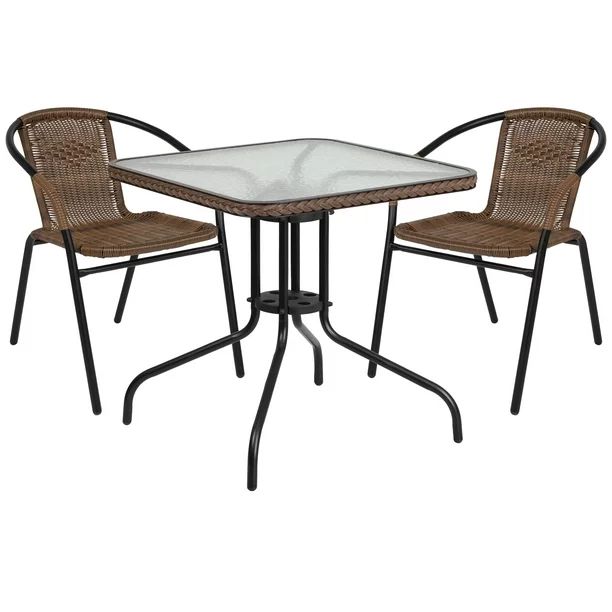 Flash Furniture 28'' Square Glass Metal Table with Dark Brown Rattan Edging and 2 Dark Brown Ratt... | Walmart (US)