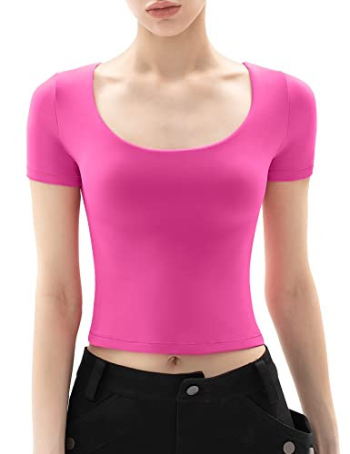 PUMIEY T Shirt for Women Short Sleeve Slim Fit Tops Scoop Neck Sexy Tee Women Clothing Blush X-Large | Amazon (US)