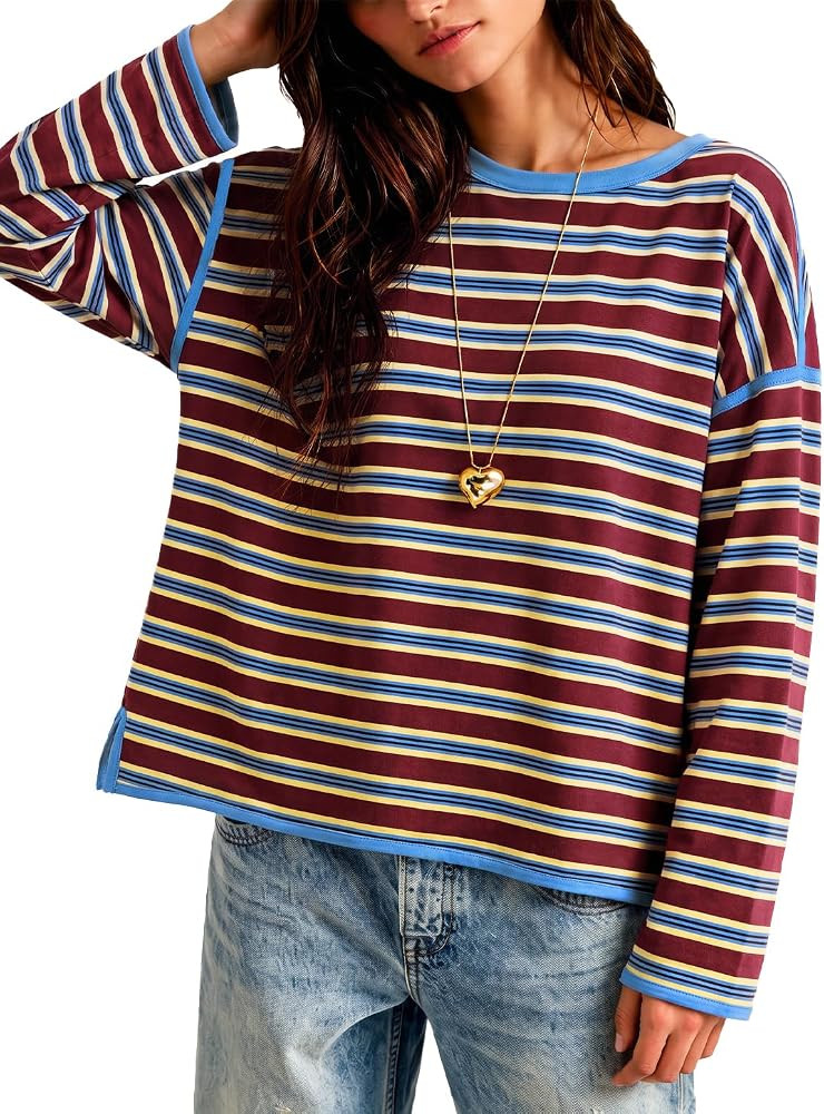 Tankaneo Womens Oversized Striped Tshirts Casual Long Sleeve Tops Boxy Tee | Amazon (US)