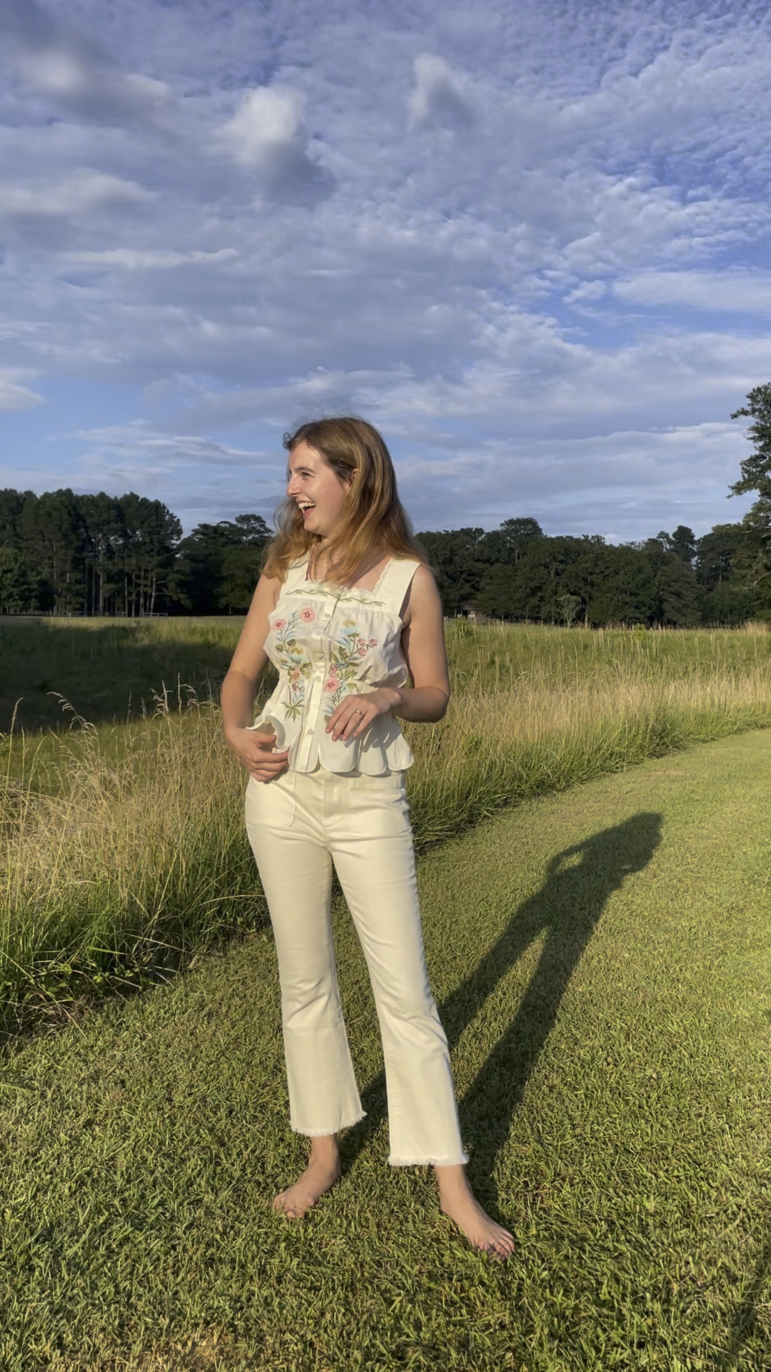 Monochromatic summer white 🤍 wearing my normal shirt size, and sized up to a 6 in these pants! / denim / cream / ivory / scallop / embroidery / summer style / brunch / date / bridal 

#LTKWedding #LTKVideo #LTKSummerSales