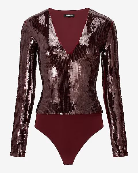 Sequin Deep V-Neck Thong Bodysuit | Express