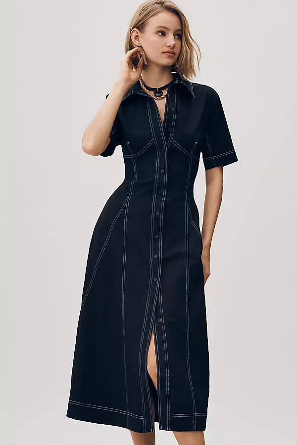 Exquise Short-Sleeve Seamed Pleated Midi Dress | Anthropologie (US)