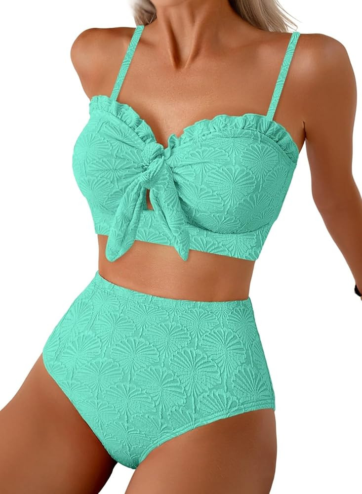 Herseas Women's Seashell Textured Bikini Sets Knotted Front 2 Piece Swimsuits Ruffle Trim Bathing... | Amazon (US)