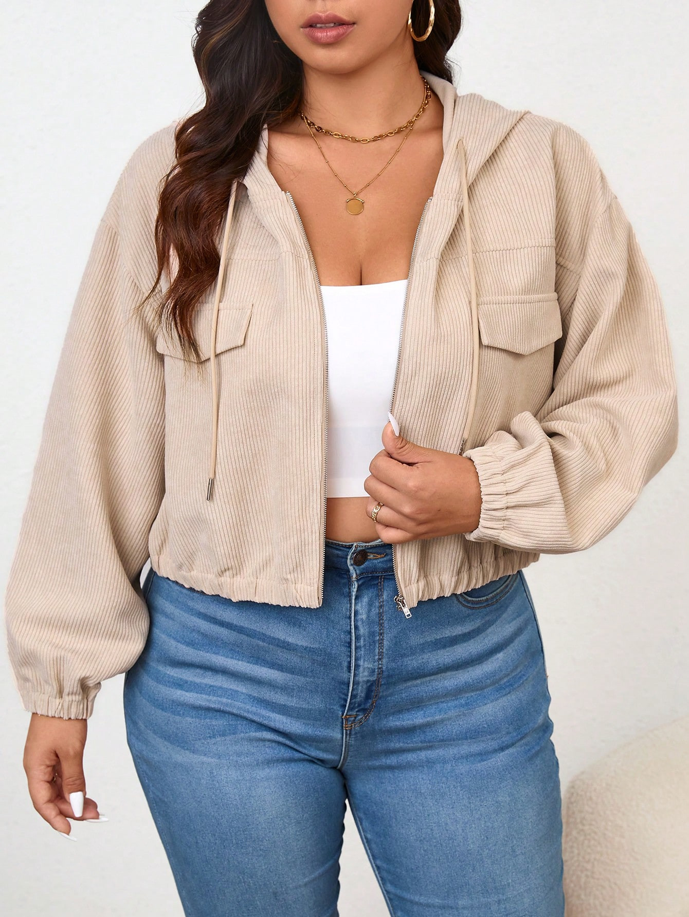 SHEIN Frenchy Plus Size Khaki Solid Color Hooded Zipper Casual Corduroy Long Sleeve Jacket,Fall W... | SHEIN