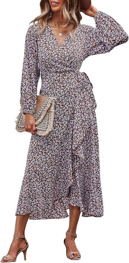 PRETTYGARDEN Women's Long Sleeve Vintage Wrap Dress Floral Print V-Neck Maxi Dresses with Belt | Amazon (US)