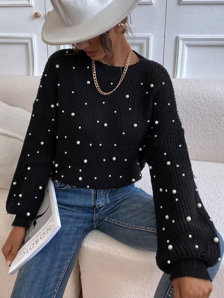 Pearls Beaded Lantern Sleeve Sweater | SHEIN