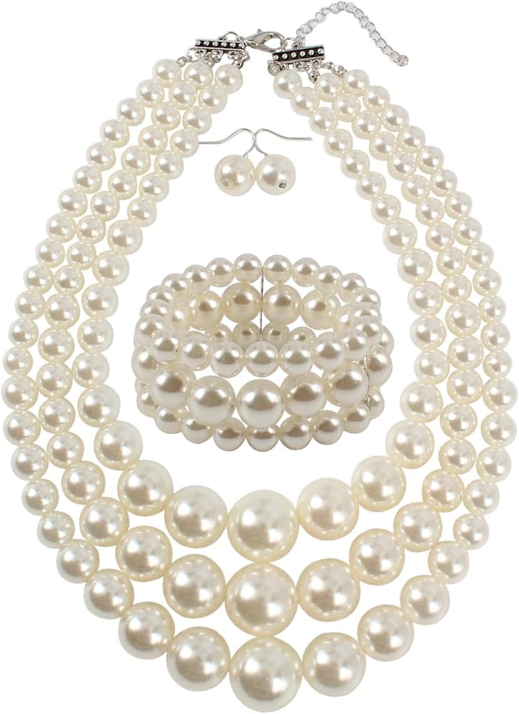 KOSMOS-LI Women's 3 Layer Simulated Pearl Statement 18" Necklace Bracelet and Earrings Jewelry Se... | Amazon (US)