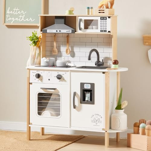 Tiny Land Play Kitchen for Kids, Wooden Kids Play Kitchen Playset Chef Pretend Play Set for Toddlers with Real Lights & Sounds, Toys Kitchen with 18 Pcs Toy Food & Cookware Accessories | Amazon (US)