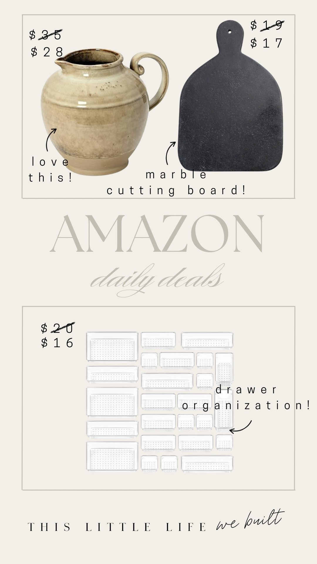 Amazon daily deals! 

Drawer organization, vase, marble cutting board, Amazon finds, affordable home 

#LTKHome #LTKSaleAlert #LTKFindsUnder50