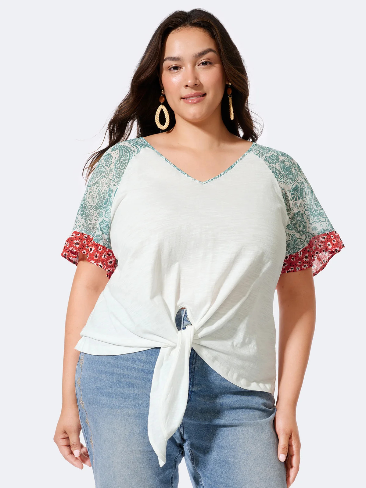 Pure Cotton Floral Sleeve Knotted T-Shirt | Bloomchic