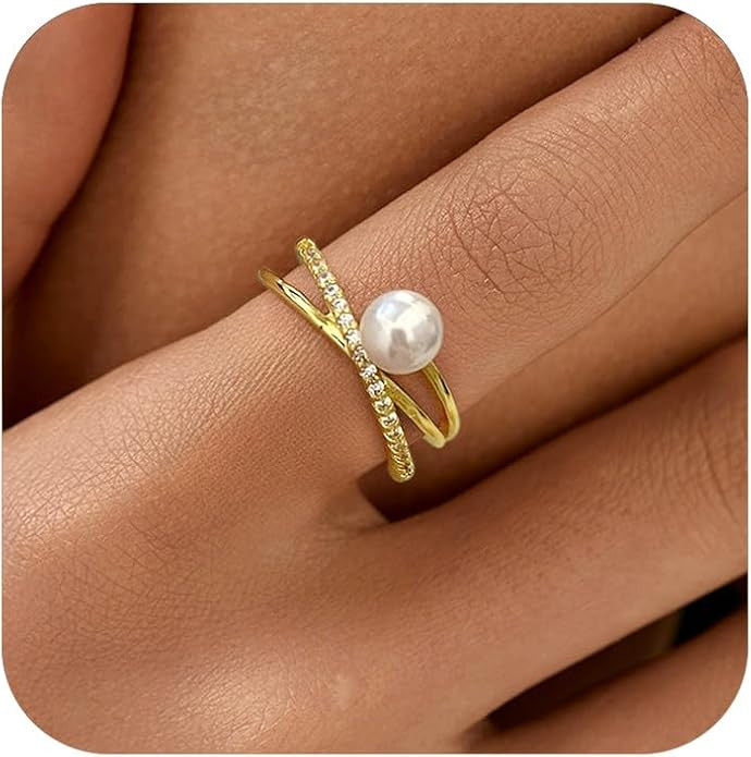 6mm Pearl Ring for Women Dainty X Criss Cross Gold Pearl Ring Stackable 925 Sterling Silver Cubic... | Amazon (US)