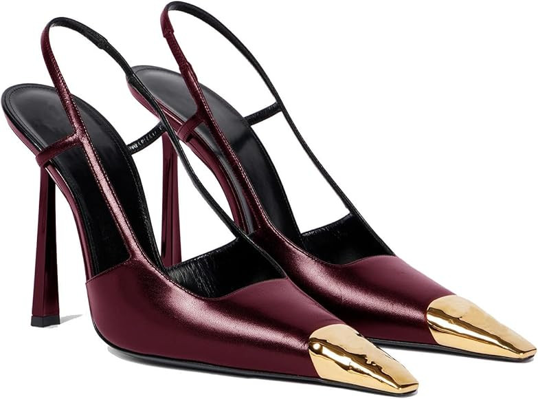 THESHY Womens Slingback High Heels Metal Pointed Toe Leather High Stiletto Heel Pumps Slip on Ela... | Amazon (US)