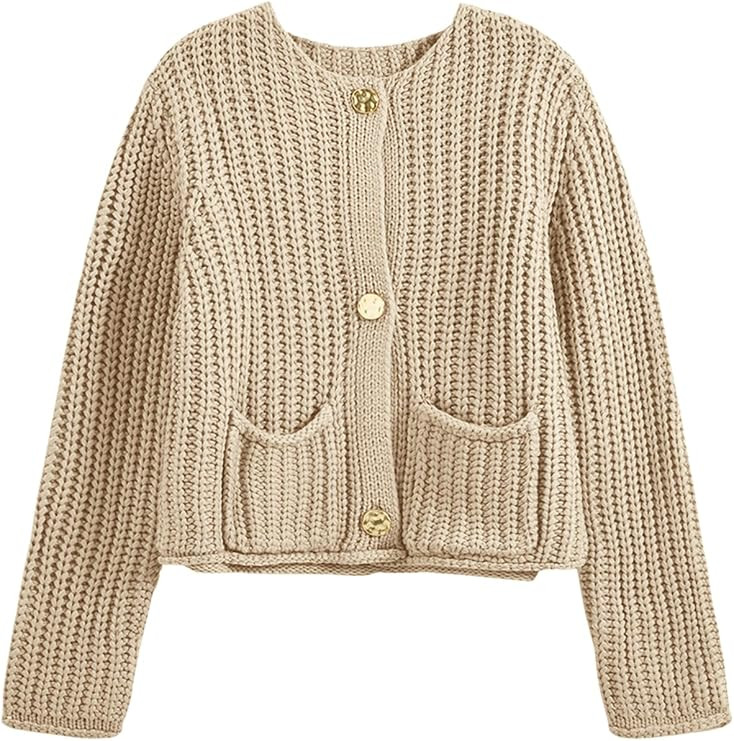 Saodimallsu Womens Button Up Sweaters Fall Chunky Knit Trendy Crewneck Open Front Loose Cardigan ... | Amazon (US)