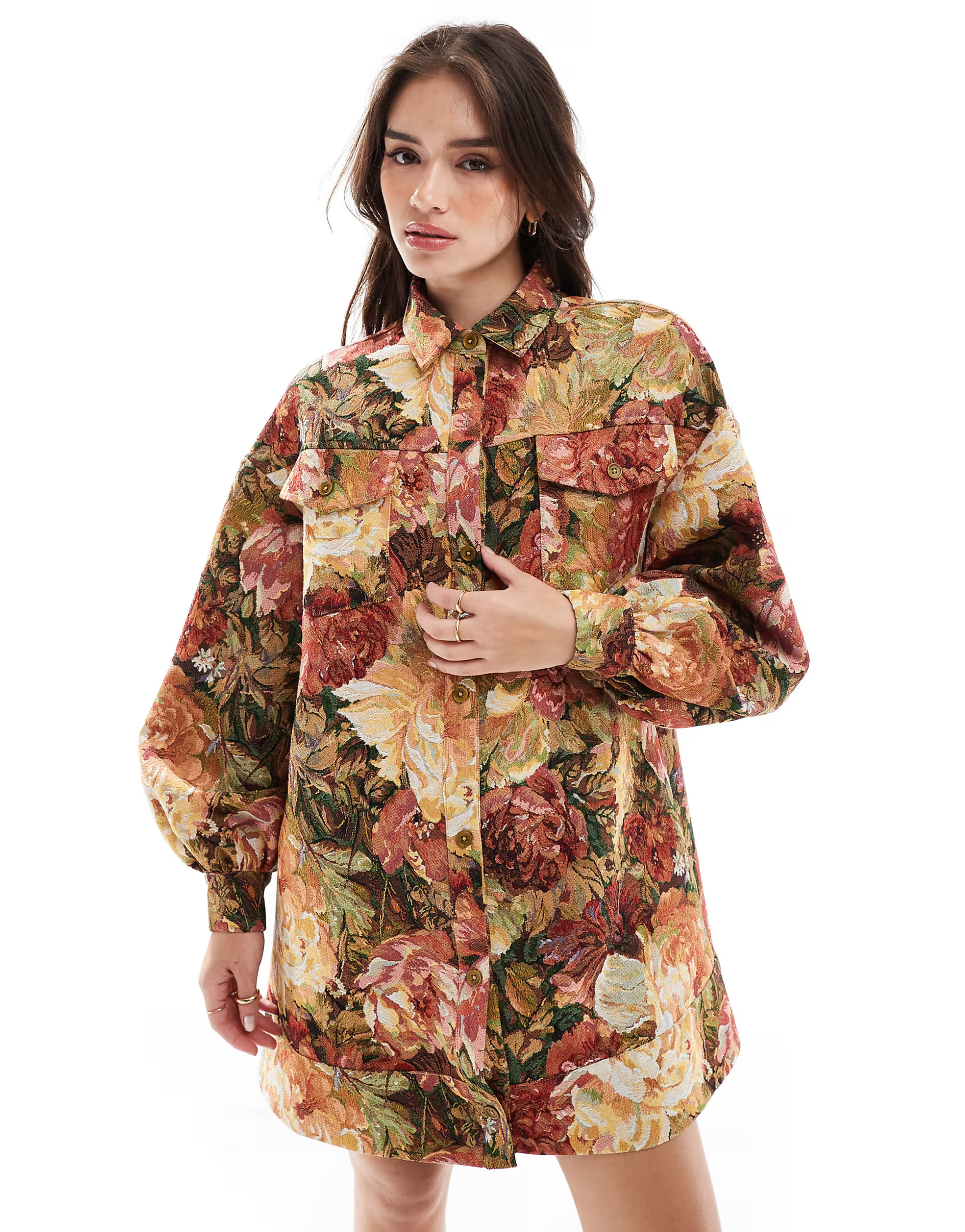 ASOS DESIGN oversized shirt with dropped pockets in floral tapestry | ASOS (Global)