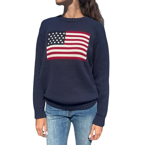 Women's American Flag Sweater Long Sleeve USA Knit Sweatshirt Casual Loose Stiped Star Pullover Sweater Tops (Ribbed Navy Blue, L) | Amazon (US)