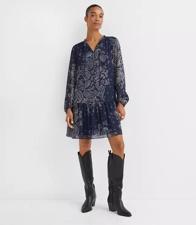 Paisley Button Flounce Mini Dress | LOFT