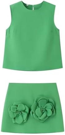 THLAI Summer Women 2 Piece Skirt Sets Sleeveless Crop Tank Top and Mini Skirt Matching with 3D Fl... | Amazon (US)