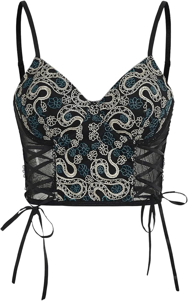 SHENHE Women's Casual Contrast Mesh Lace Up Deep V Neck Snake Print Crop Bustier Cami Top | Amazon (US)