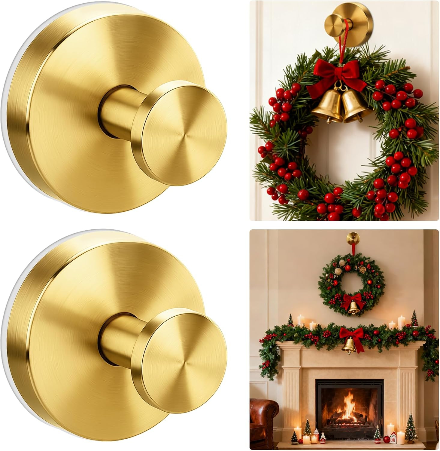 Solldgt Wreath Hangers for Front Door, Suction Cup Hooks for Door Wreaths, No Damage Door Wreath Hanger for Over The Door/Glass Window/Outdoor, Christmas/Thanksgiving/Halloween/Holiday (Gold, 2-Pack) | Amazon (US)