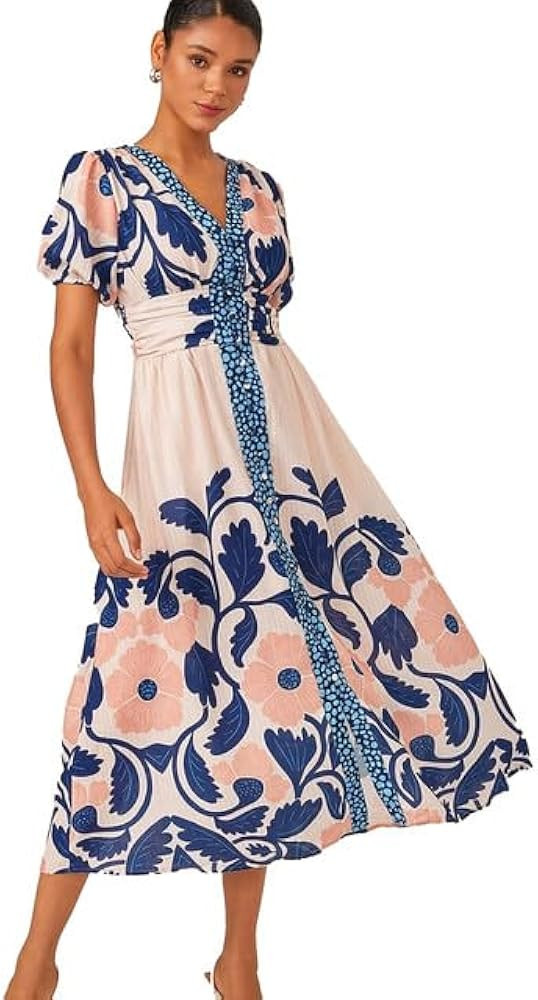 ADOR Womens Puff Short Sleeve Boho Maxi Dress V Neck Smocked Empire Waist Floral Ruched Summer Be... | Amazon (US)