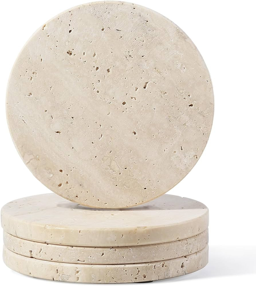 Koville Travertine Coasters, Marble Coaster Set of 4 for Drinks, 4" Round Stone Coasters Set Heat... | Amazon (US)