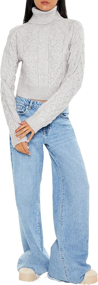 Forever 21 Womens Cropped Cable Knit Turtleneck Sweater | Amazon (US)
