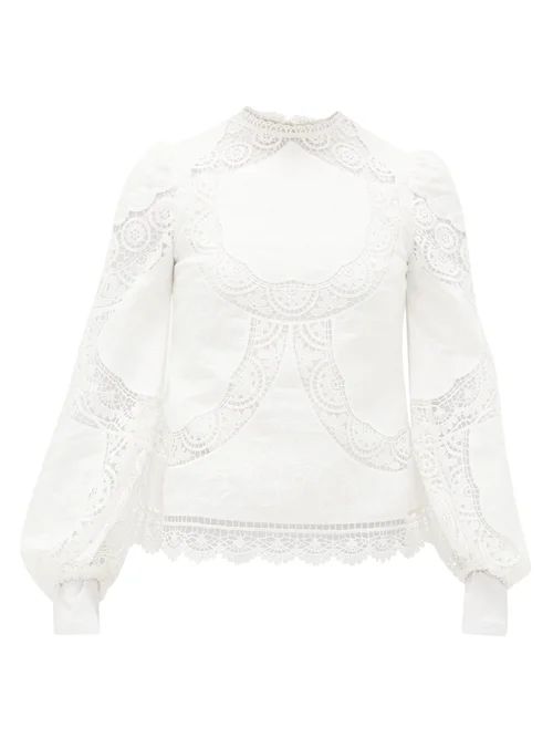 Zimmermann - Bonita Embroidered Lace-panelled Linen-blend Top - Womens - Ivory | Matches (US)