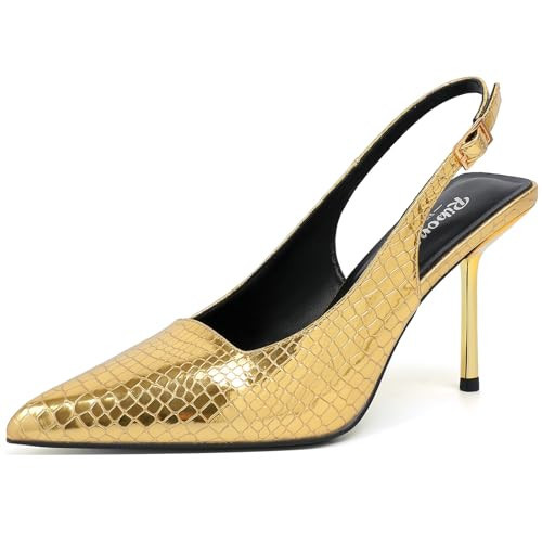 RIBONGZ Gold Heels Slingback for Women Closed Pointy Toe Heels Golden Stone Pattern Sexy Pumps Stiletto High Heeled Wedding Bride Prom Party Evening Dressy Shoes 11 | Amazon (US)