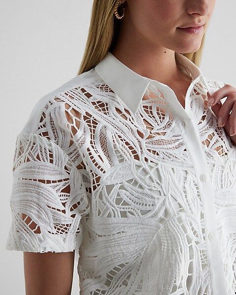 Embroidered Crochet Short Sleeve Button Up Shirt | Express