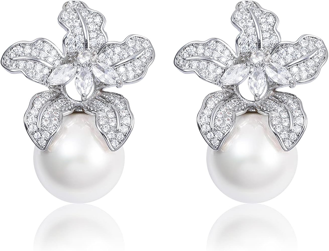 Blooming Flower Drop Cubic Zirconia Big Round Pearl Stud Earrings for Wedding Ceremony Chic Acces... | Amazon (US)