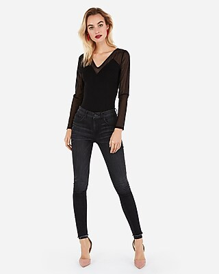 v-neck mesh long sleeve top | Express