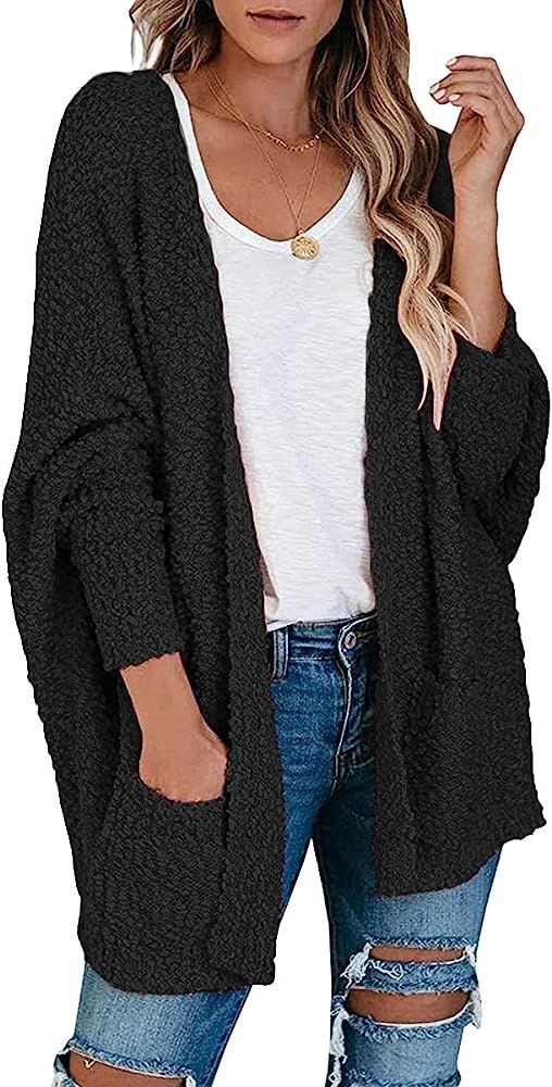 ANRABESS Womens Open Front Fuzzy Cardigan Sweaters Batwing Sleeve Lightweight Oversized Loose Knit S | Amazon (US)