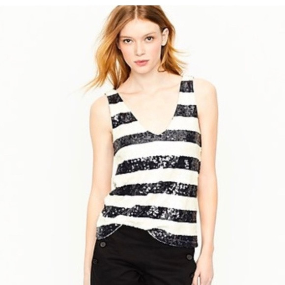 J Crew Factory Sequin Embellished Navy Blue and White Striped Cotton Tan… | Poshmark