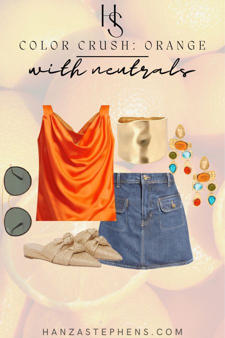 Styling an orange top with gold accessories and a classic dark wash denim skirt 

#LTKshoecrush #LTKstyletip