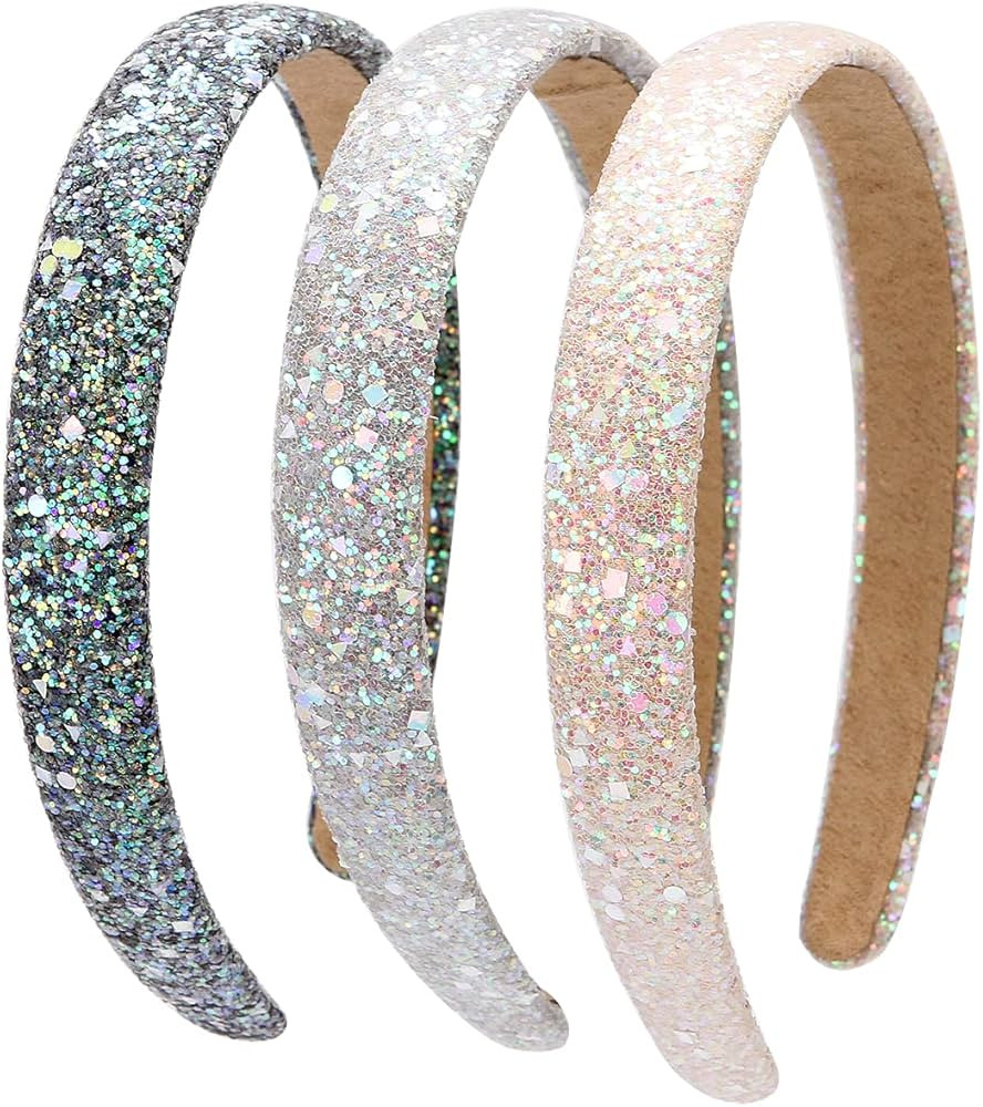 LONEEDY 3 Pack Glitter Sequins Sparkly Hard Headbands for Kids Wide Padded Hair Bands Fashion Cut... | Amazon (US)