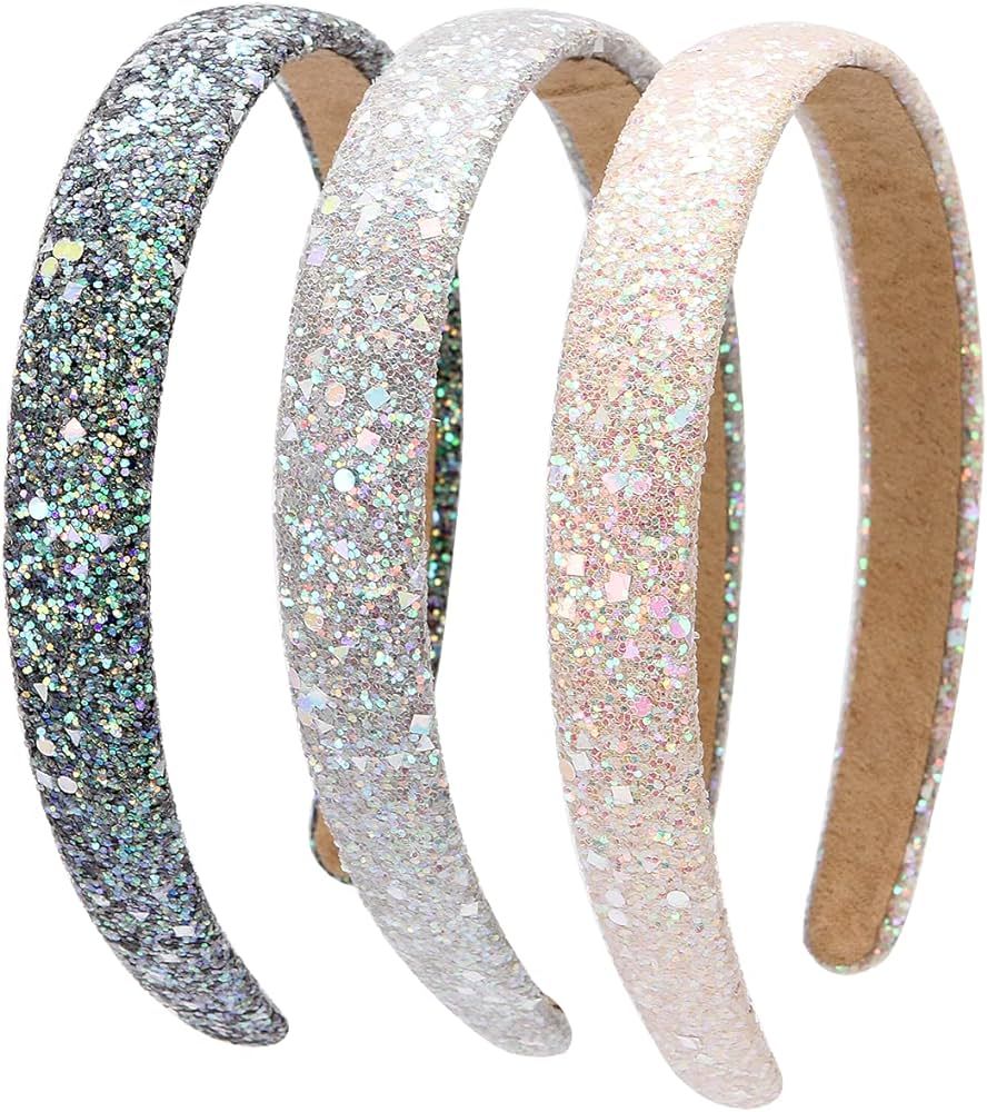 LONEEDY 3 Pack Glitter Sequins Sparkly Hard Headbands for Kids Wide Padded Hair Bands Fashion Cut... | Amazon (US)