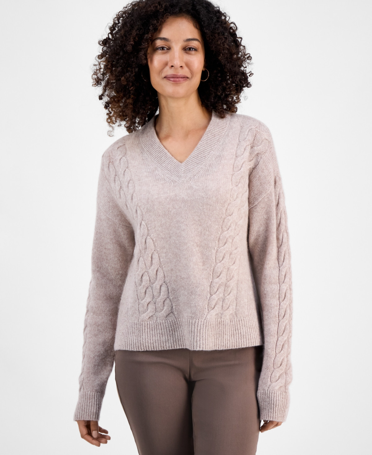Charter Club Petite Cashmere Angled Cable V-Neck Sweater, Macy's Exclusive - Pearl Taupe Heather | Macy's